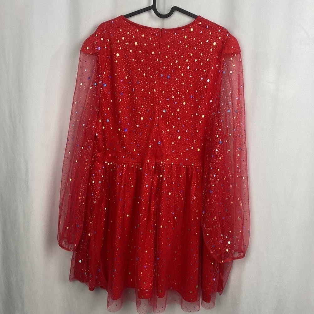Double Crazy Puff Sleeve Ruched Waist Sheer Mesh Overlay Dress - Size 3XL - Picture 10 of 12